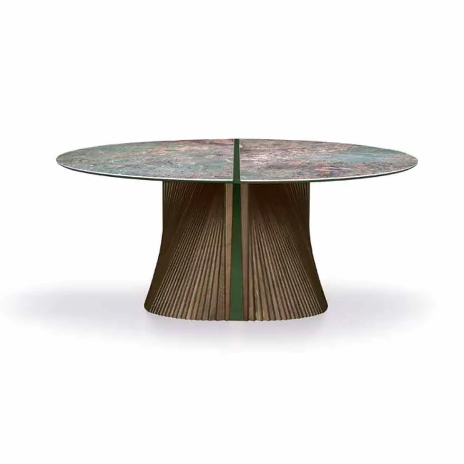 Table à manger ronde design en grès poli et bois Made in Italy - Madame Viadurini