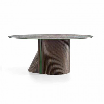 Table à manger ronde design en grès poli et bois Made in Italy - Madame Viadurini