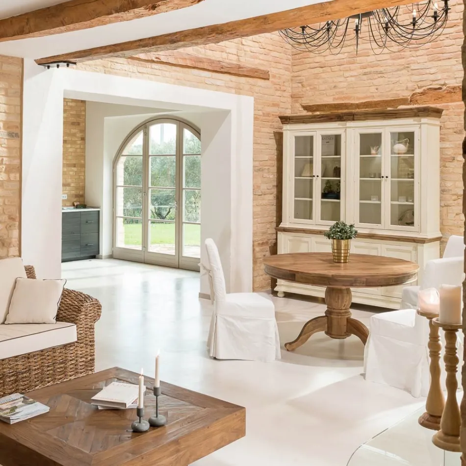 Table à manger ronde en bois tropical recyclé avec piètement central - Slide Viadurini