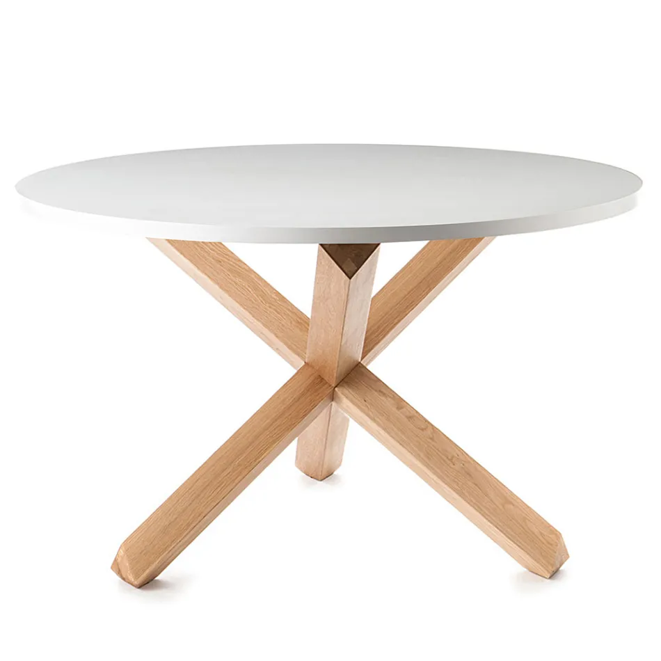 Table de Salle à Manger Ronde en Mdf Blanc Mat et Bois Massif - Dante Viadurini