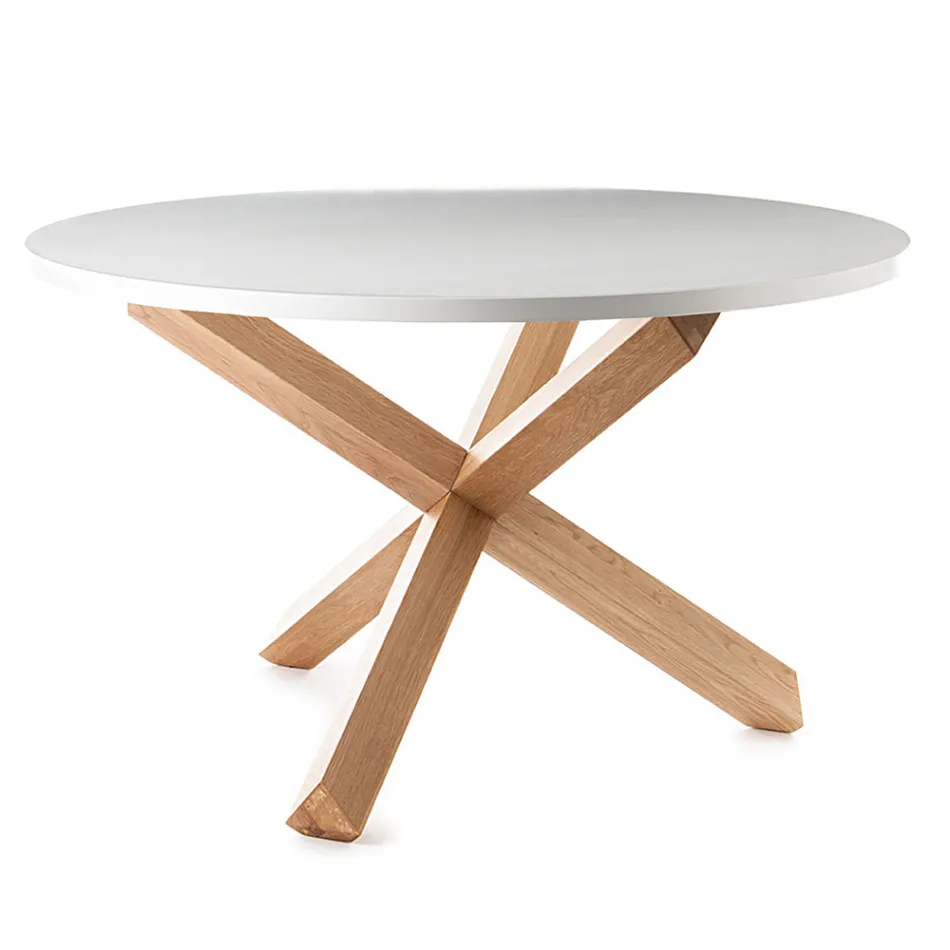 Table de Salle à Manger Ronde en Mdf Blanc Mat et Bois Massif - Dante Viadurini