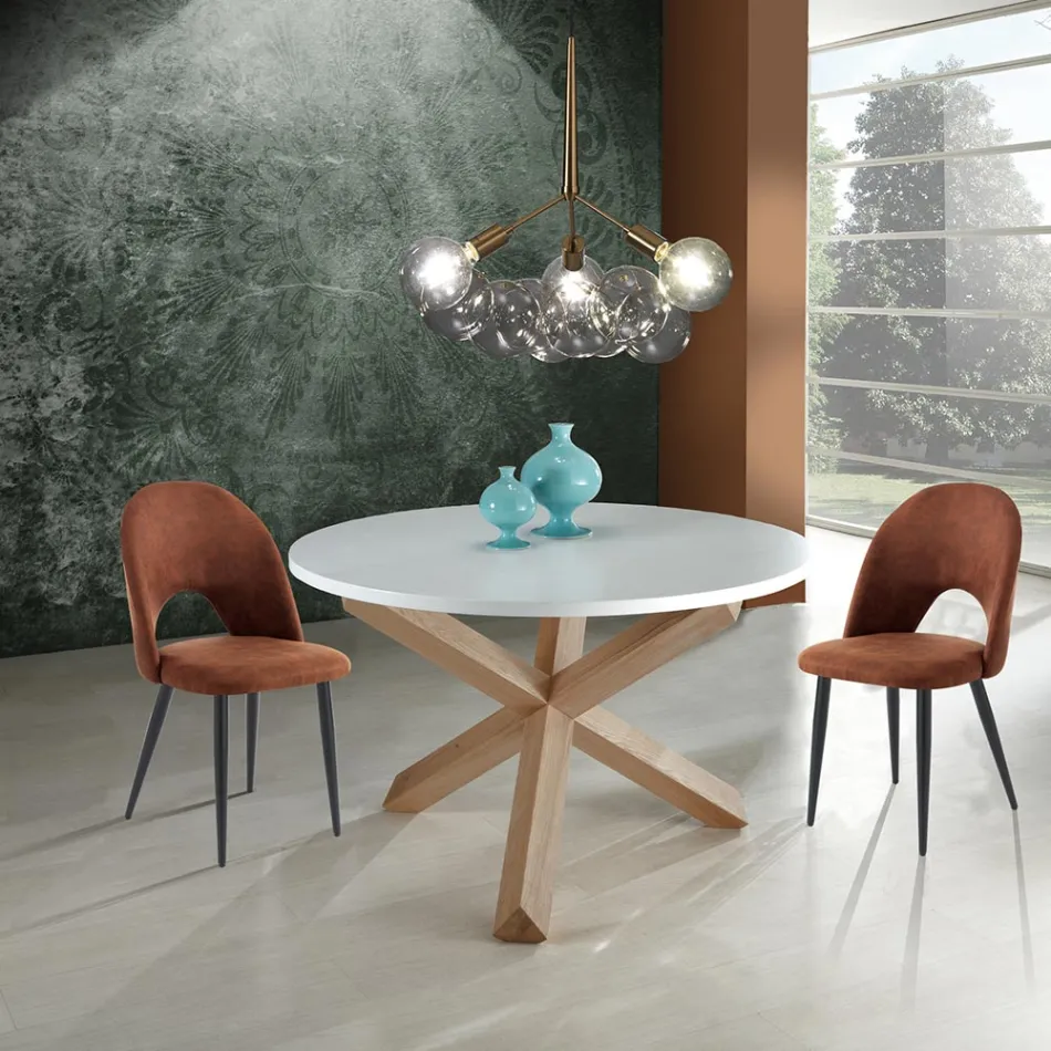 Table de Salle à Manger Ronde en Mdf Blanc Mat et Bois Massif - Dante Viadurini