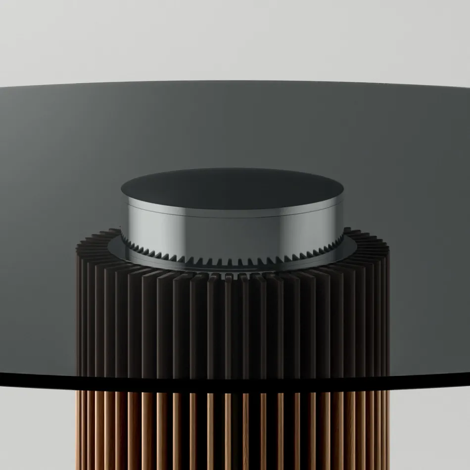 Table à manger ronde en verre fumé avec base en bois Made in Italy - Rondo Viadurini