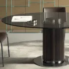 Table à manger ronde en verre fumé avec base en bois Made in Italy - Rondo Viadurini