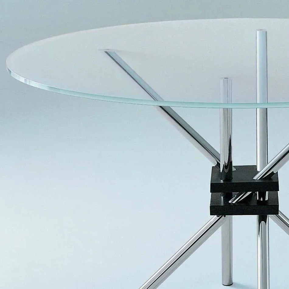 Table à manger ronde en verre trempé et acier Made in Italy - Trebbiano Viadurini