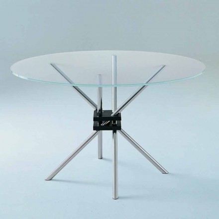 Table à manger ronde en verre trempé et acier Made in Italy - Trebbiano Viadurini