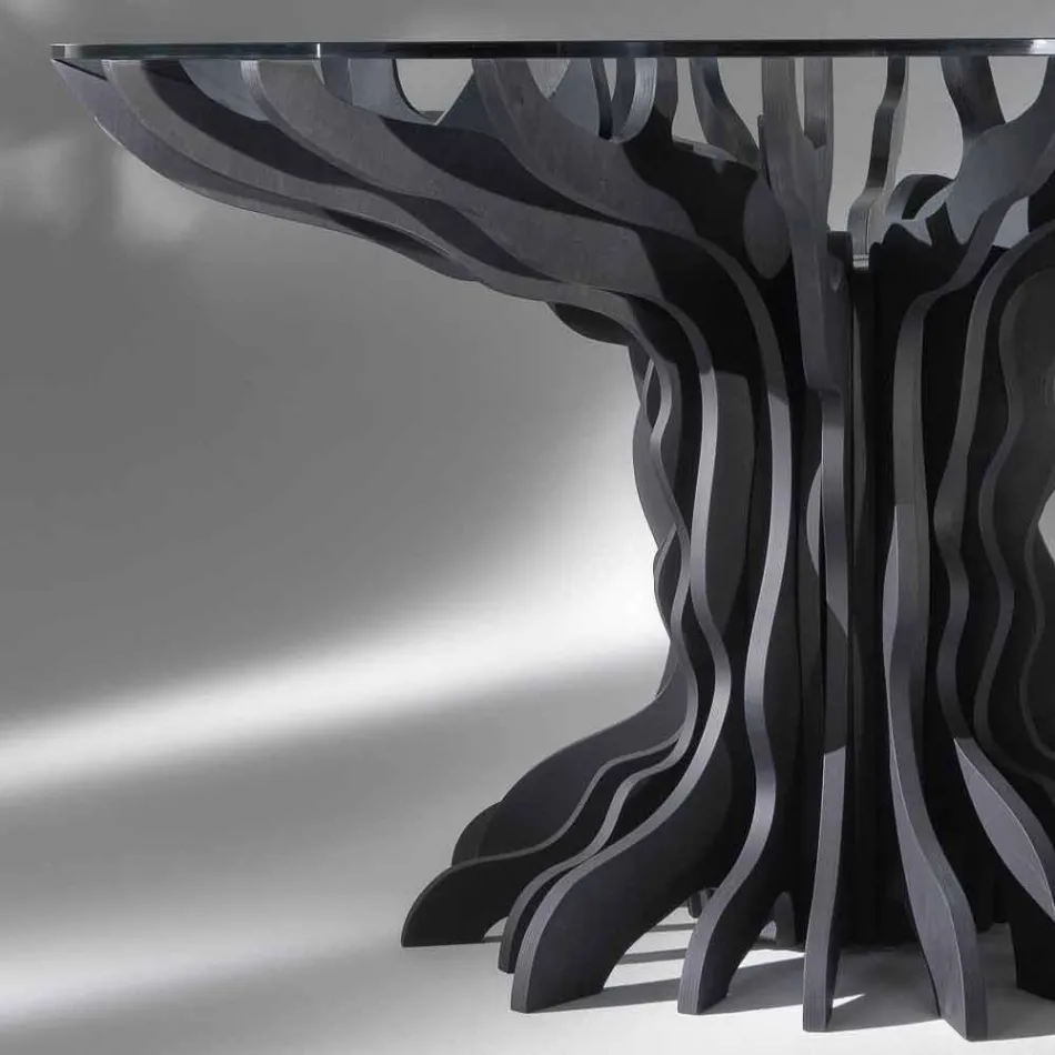 table ronde Cassia, bois noir piano et plateau en verre Viadurini
