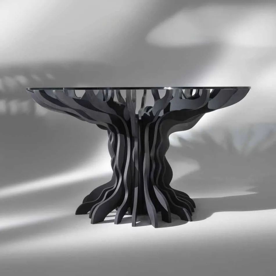 table ronde Cassia, bois noir piano et plateau en verre Viadurini