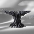 Table à manger ronde Cassia, pied  en bois noir et top en cristal 