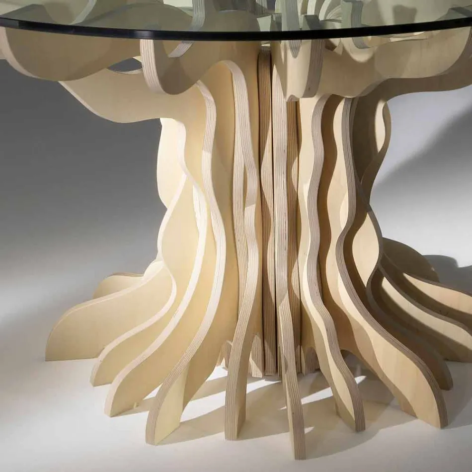 Table ronde à manger en bois avec plateau en verre trempé Dalia Viadurini