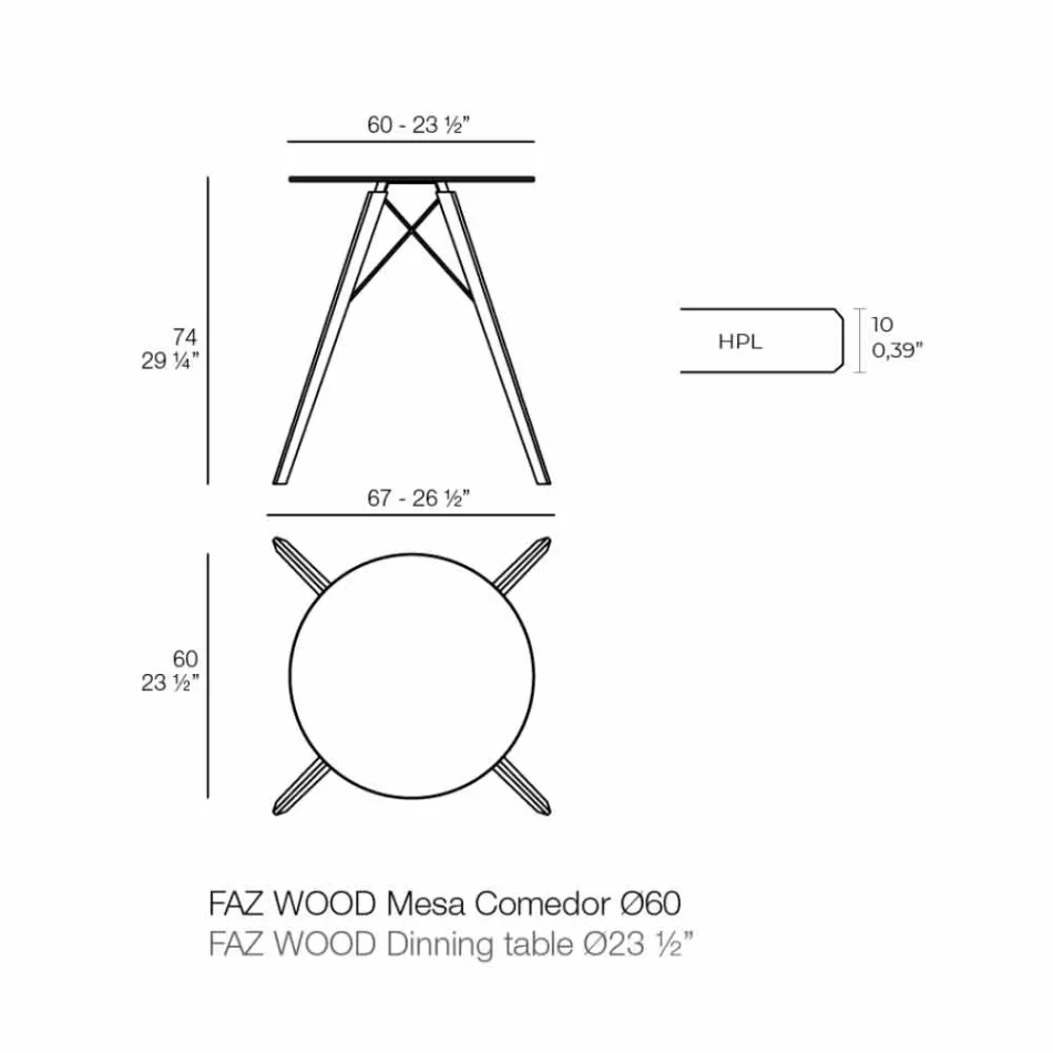 Table de Salle à Manger Ronde en Bois et Plateau Hpl, 4 Pièces - Bois Faz - Vondom Viadurini