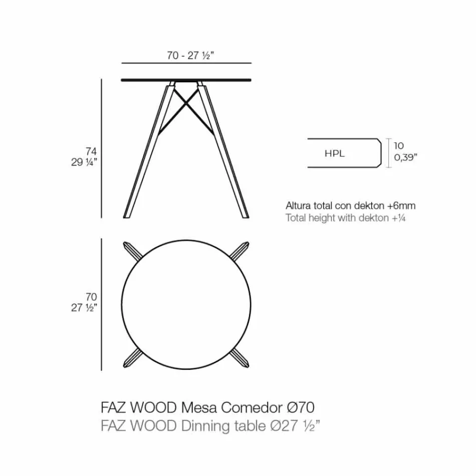 Table de Salle à Manger Ronde en Bois et Plateau Hpl, 4 Pièces - Bois Faz - Vondom Viadurini