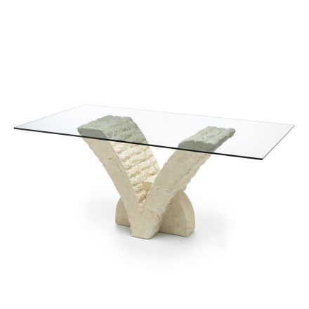 Table de salon en verre trempé et base en pierre fossile - Vittoria Viadurini
