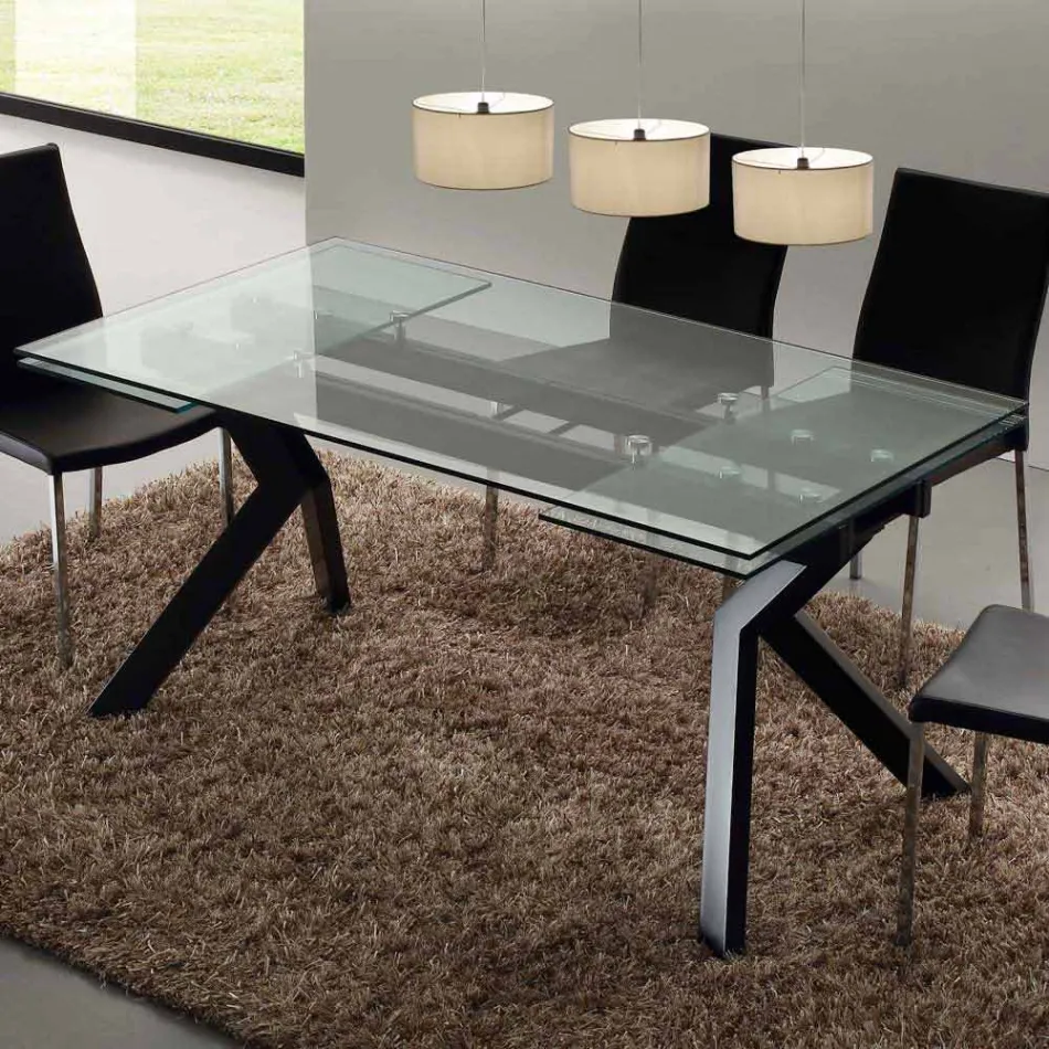 Table design extensible Mesa en métal et verre trempé Viadurini