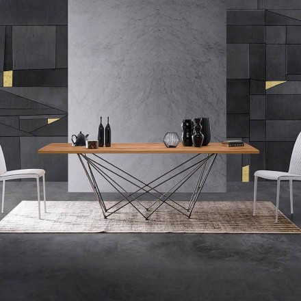 Table design moderne avec plateau en bois et base en métal, Esperia Viadurini
