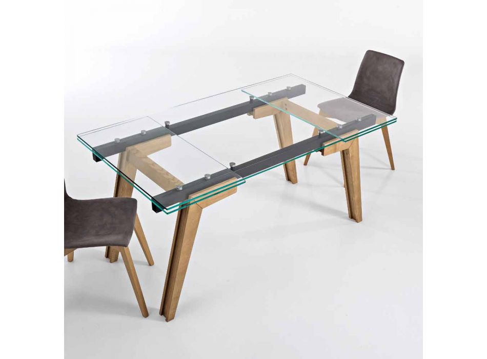 Table extensible en verre et bois massif fabriquée en Italie, Dimitri