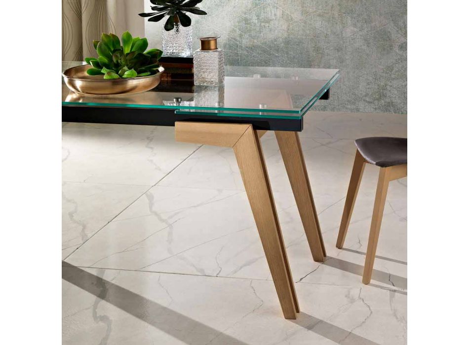 Table à rallonge en verre et bois massif fabriquée en Italie, Dimitri Viadurini