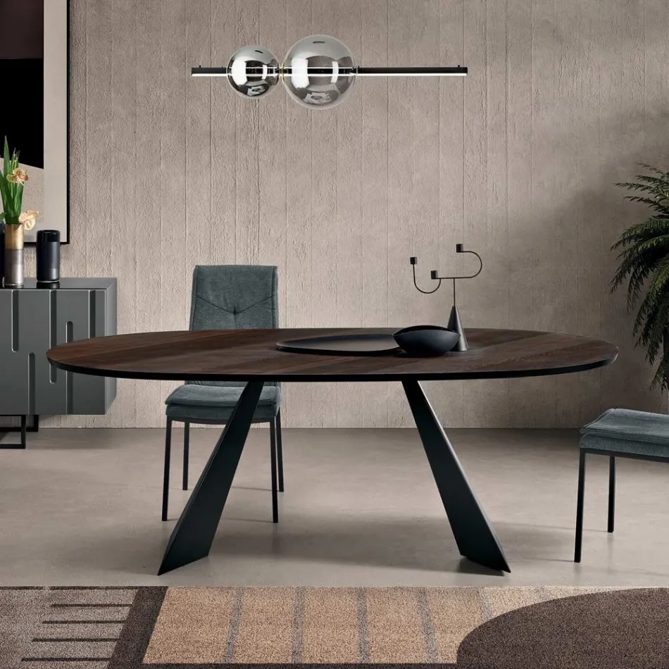 Table fixe 210 x 109 cm en métal et placage chêne ovale - Marcello Viadurini