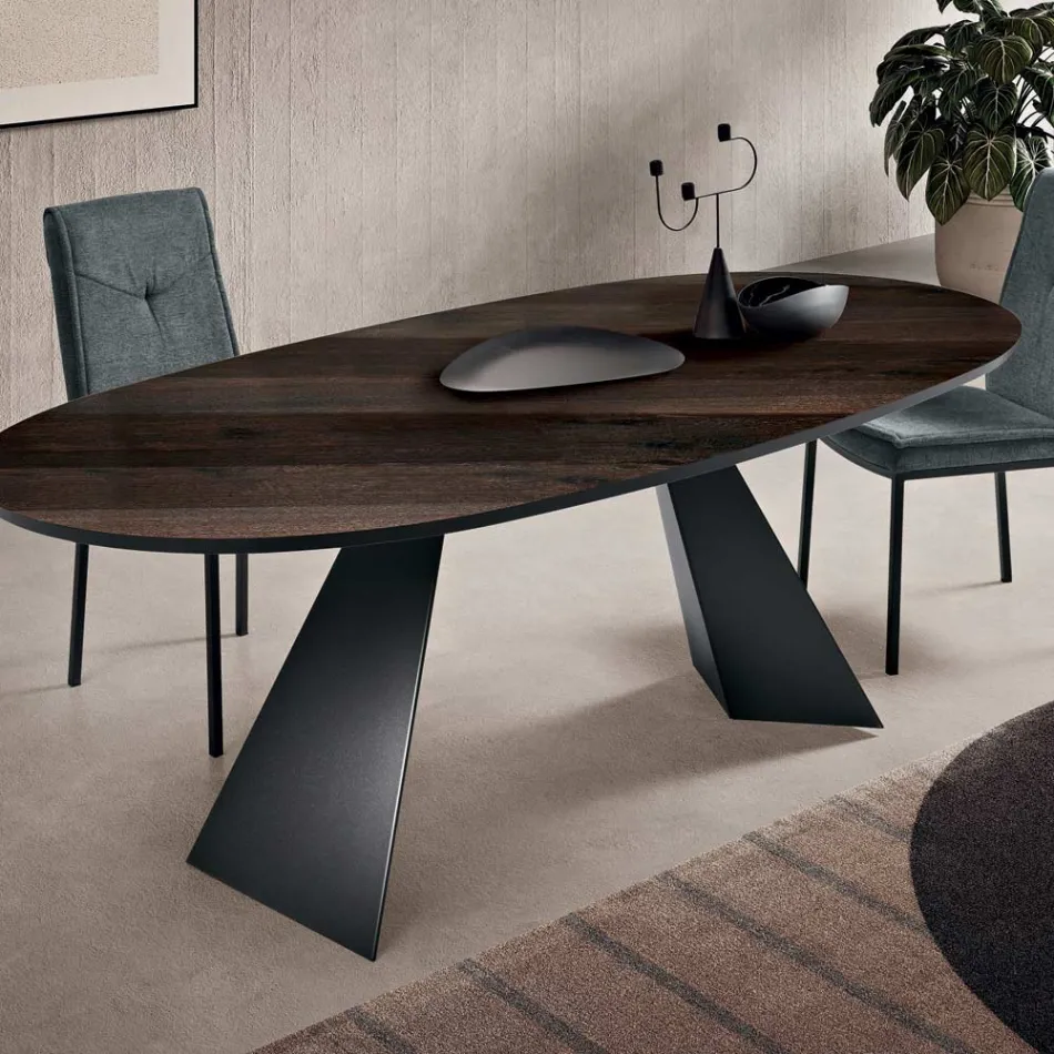 Table fixe 210 x 109 cm en métal et placage chêne ovale - Marcello Viadurini