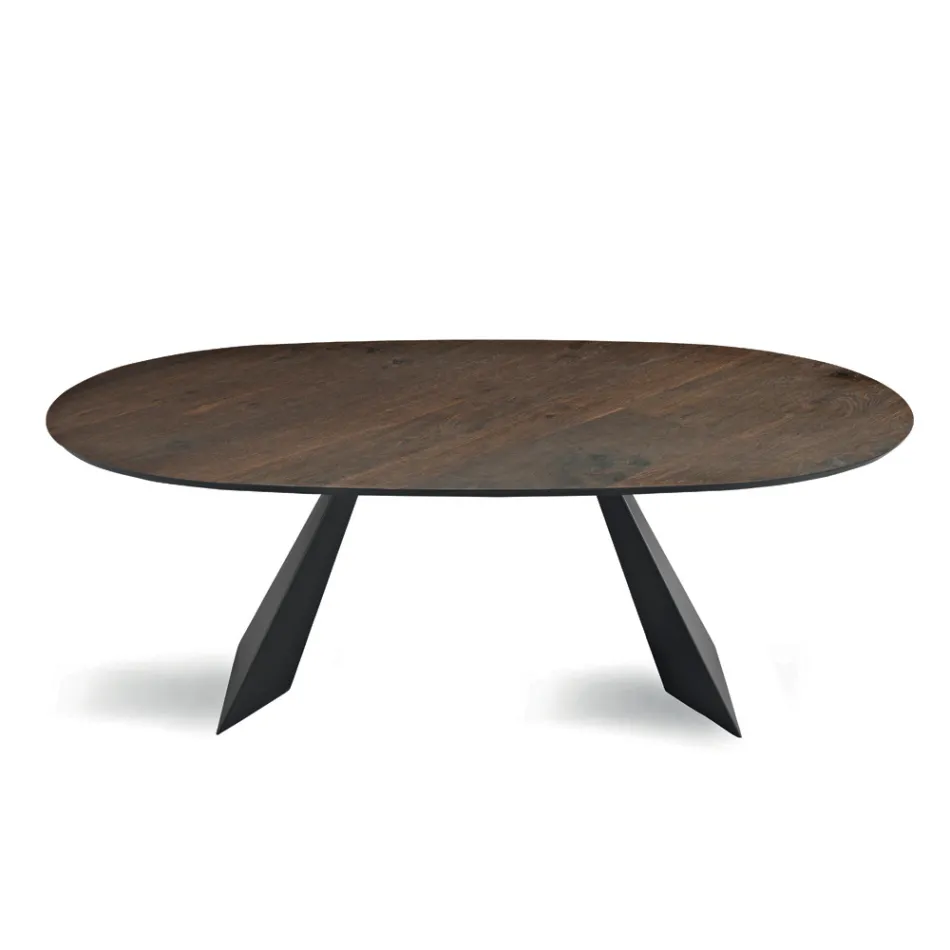 Table fixe 210 x 109 cm en métal et placage chêne ovale - Marcello Viadurini