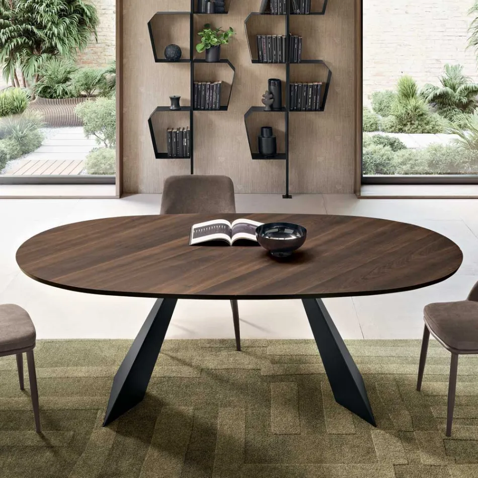 Table fixe 210 x 109 cm en métal et placage chêne ovale - Marcello Viadurini