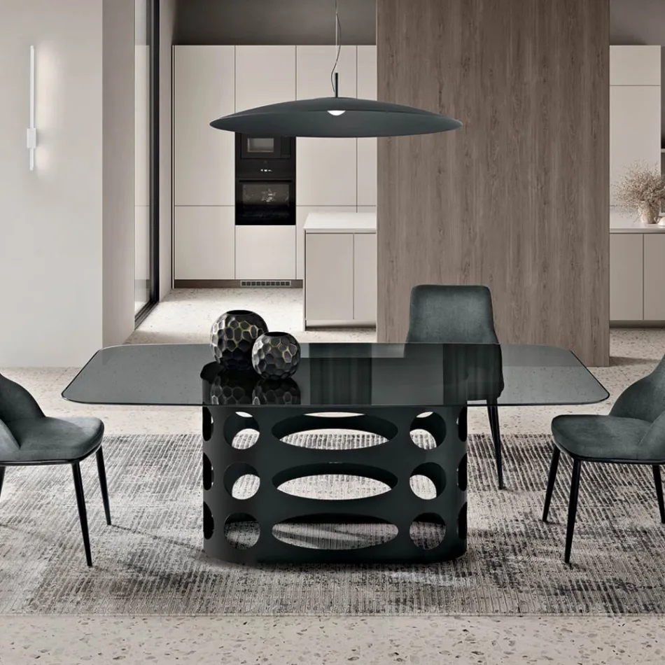 Table fixe 210 x 110 cm avec plateau en verre fumé lisse, fabriquée en Italie - Tano Viadurini