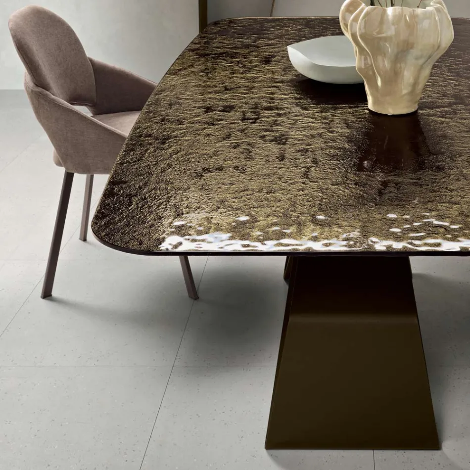Table fixe 210 x 110 cm avec plateau en verre martelé et piètement en métal - Adriano Viadurini