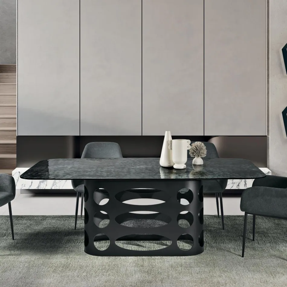 Table fixe 210 x 110 cm avec plateau en verre martelé, fabriquée en Italie - Tano Viadurini