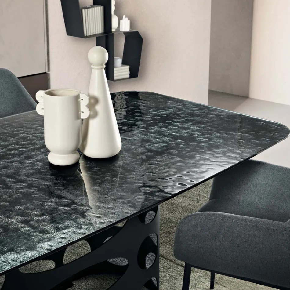 Table fixe 210 x 110 cm avec plateau en verre martelé, fabriquée en Italie - Tano Viadurini