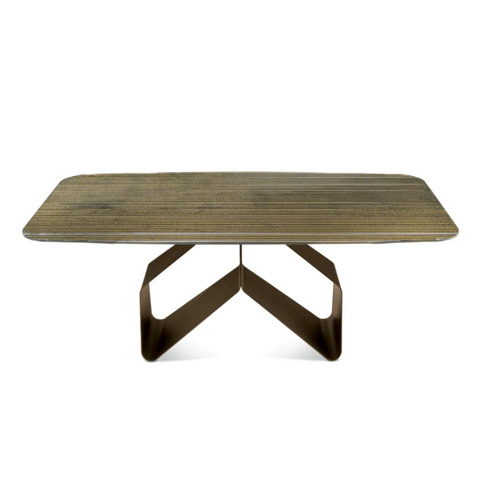 Table fixe 210 x 110 cm avec plateau en verre cannelé et piètement en métal - Adriano Viadurini