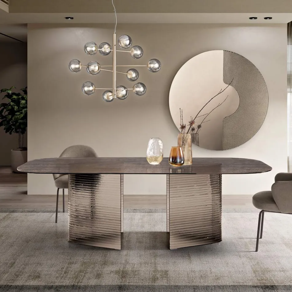 Table fixe 240 x 120 cm en verre côtelé transparent, fabriquée en Italie - Varo Viadurini