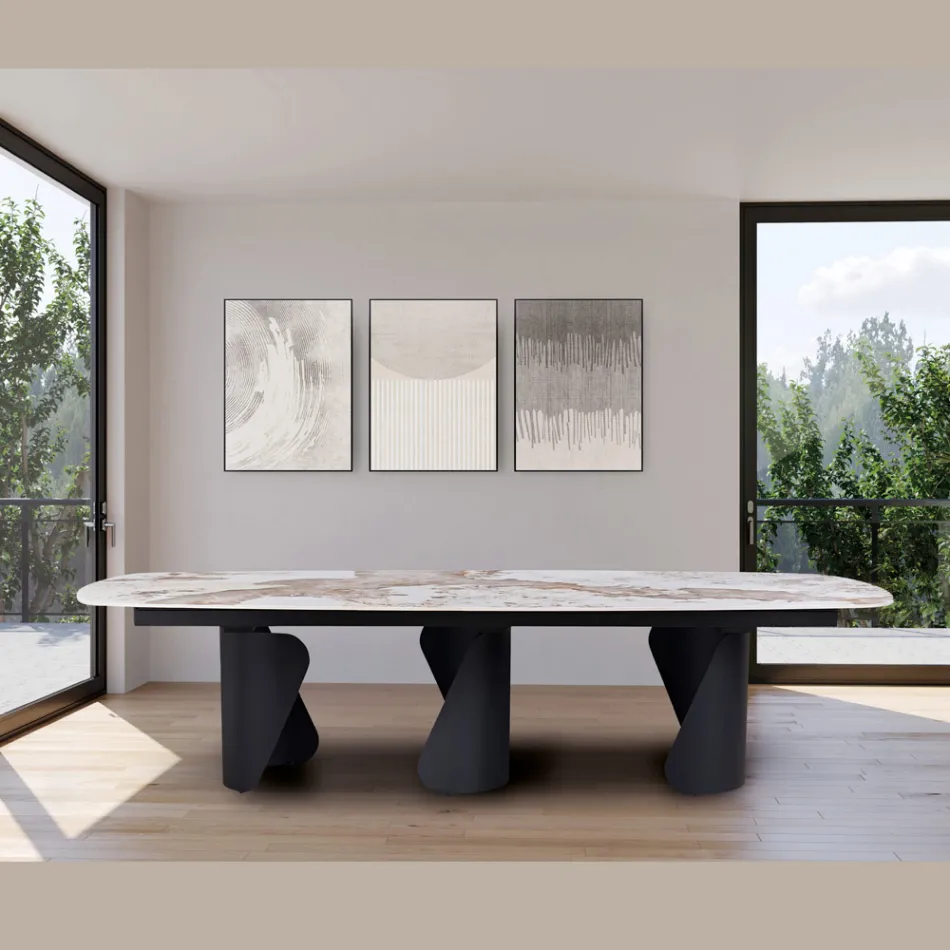 Table fixe 300x120 cm en métal et plateau en pierre frittée - Valmira Viadurini