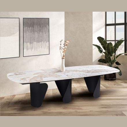 Table fixe 300x120 cm en métal et plateau en pierre frittée - Valmira Viadurini