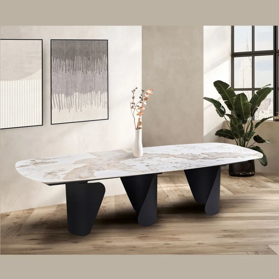 Table fixe 300x120 cm en métal et plateau en pierre frittée - Valmira Viadurini