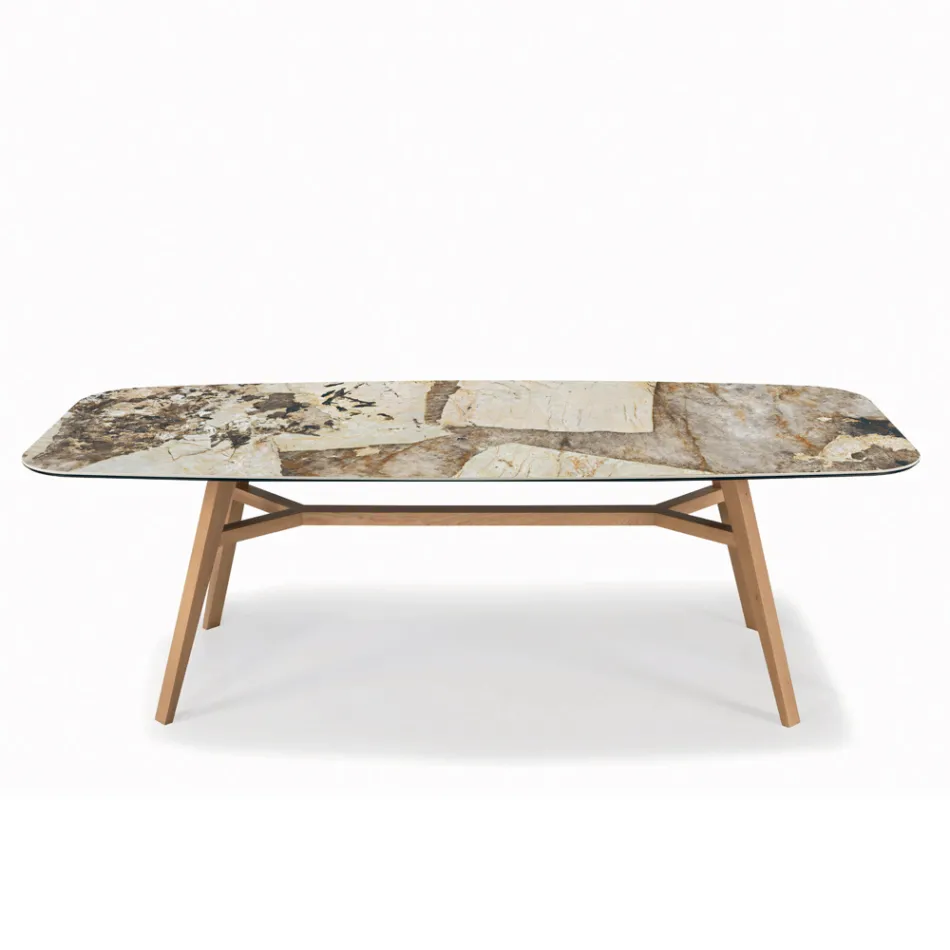 Table fixe en forme de tonneau avec base en frêne noyer Canaletto fabriquée en Italie - Nord Viadurini