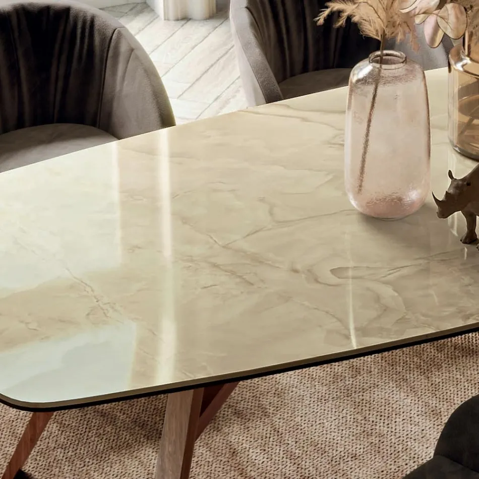 Table fixe en forme de tonneau avec base en frêne noyer Canaletto fabriquée en Italie - Nord Viadurini