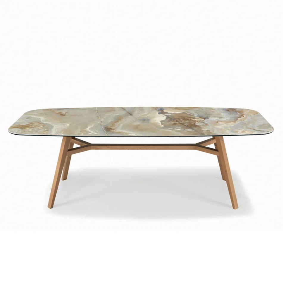 Table fixe en forme de tonneau avec base en frêne noyer Canaletto fabriquée en Italie - Nord Viadurini