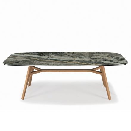 Table fixe en forme de tonneau avec base en frêne noyer Canaletto fabriquée en Italie - Nord Viadurini