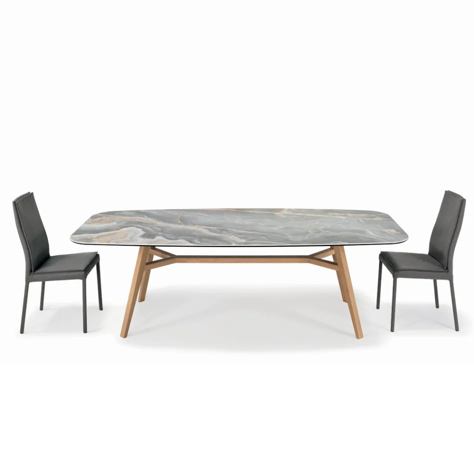 Table Fixe de Forme Tonneau en Céramique et Bois de Frêne Fabriquée en Italie - Nord Viadurini