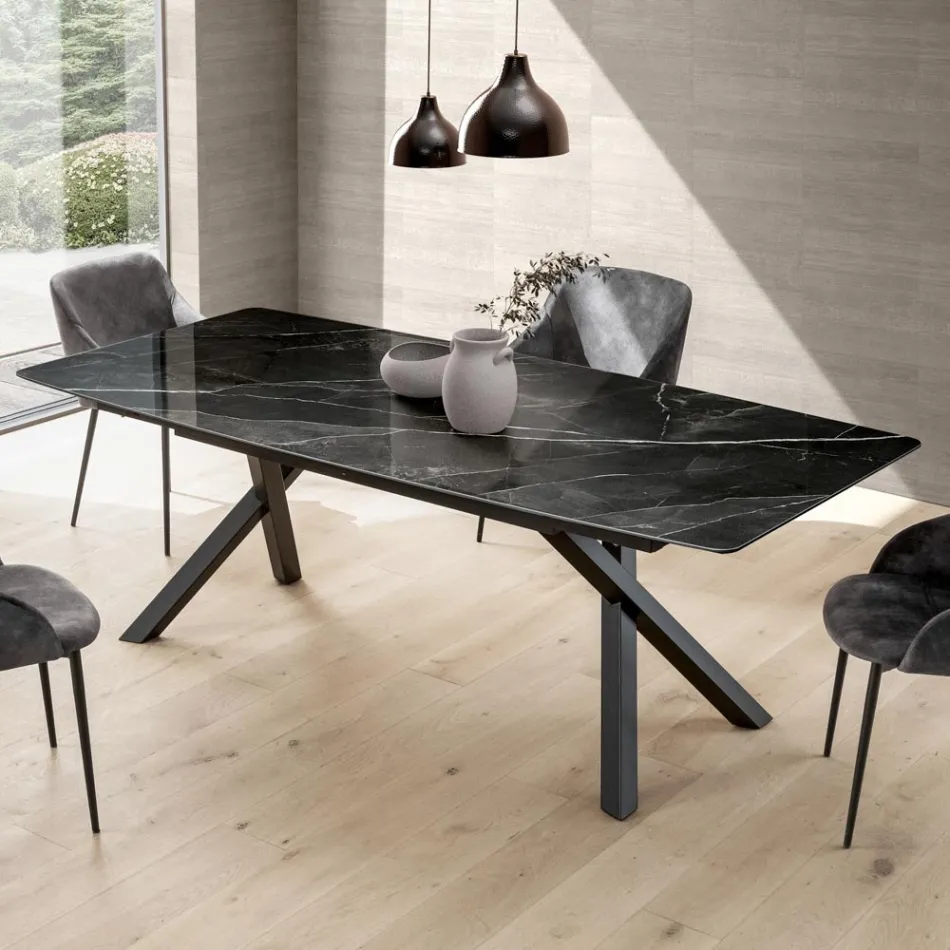 Table tonneau fixe en laminé noir Calacatta brillant - Dialogo Viadurini