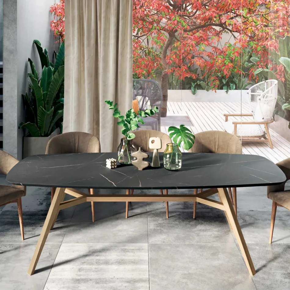 Table fixe en forme de tonneau en stratifié et bois de frêne fabriquée en Italie - Nord Viadurini