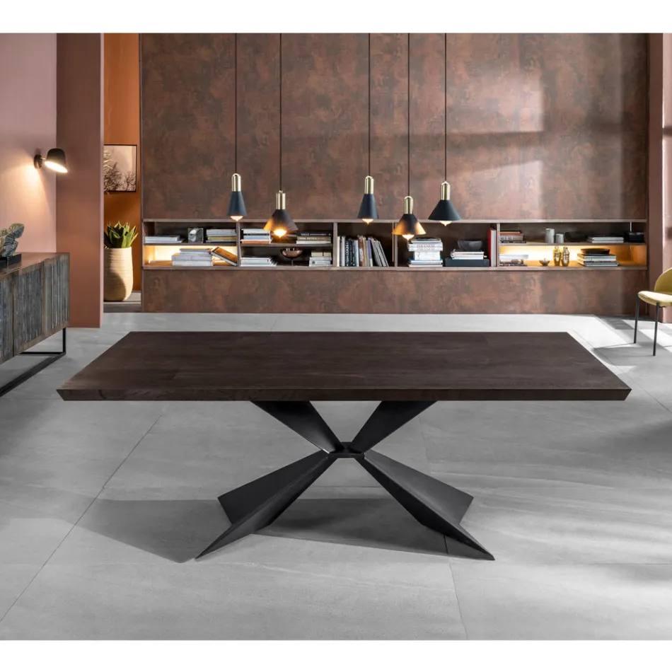 Table Fixe avec Base en Métal et Plateau en Chêne Plaqué - Marine Viadurini