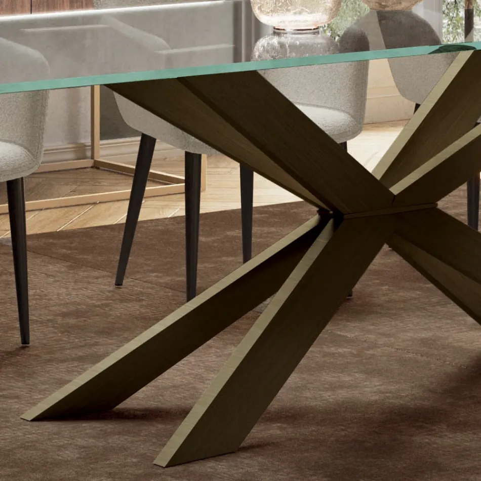 Table Fixe avec Bord Inversé en Verre Extra-clair et Acier Fabriquée en Italie - Grotta Viadurini