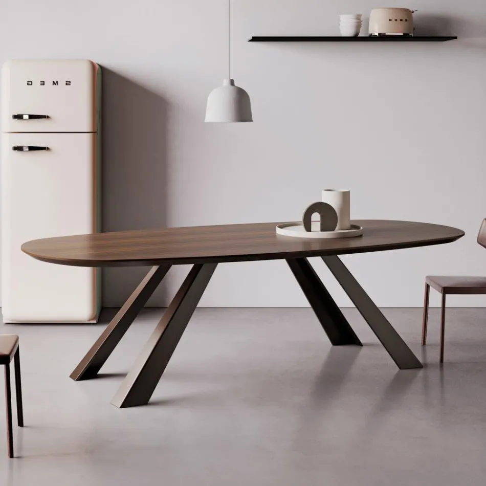 Table fixe avec plateau elliptique et bord biseauté fabriquée en Italie - Tirian Viadurini