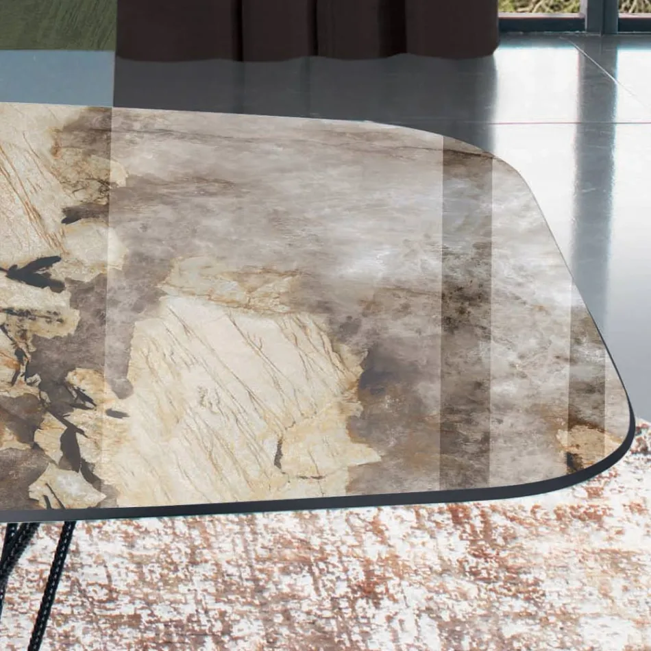 Table Fixe avec Plateau en Céramique et Base en Acier Fabriquée en Italie - Ezzellino Viadurini