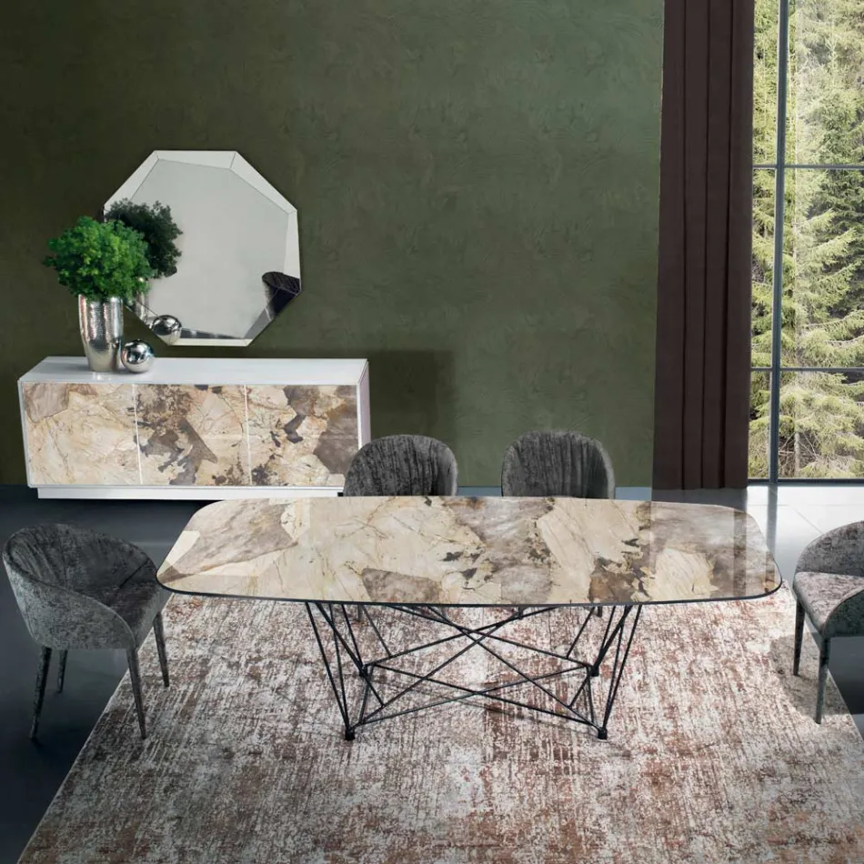 Table Fixe avec Plateau en Céramique et Base en Acier Fabriquée en Italie - Ezzellino Viadurini