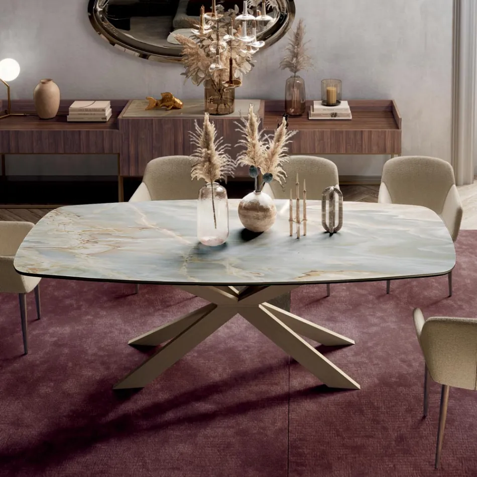 Table Fixe avec Plateau en Céramique Onyx Argent Poli Fabriquée en Italie - Grotta Viadurini