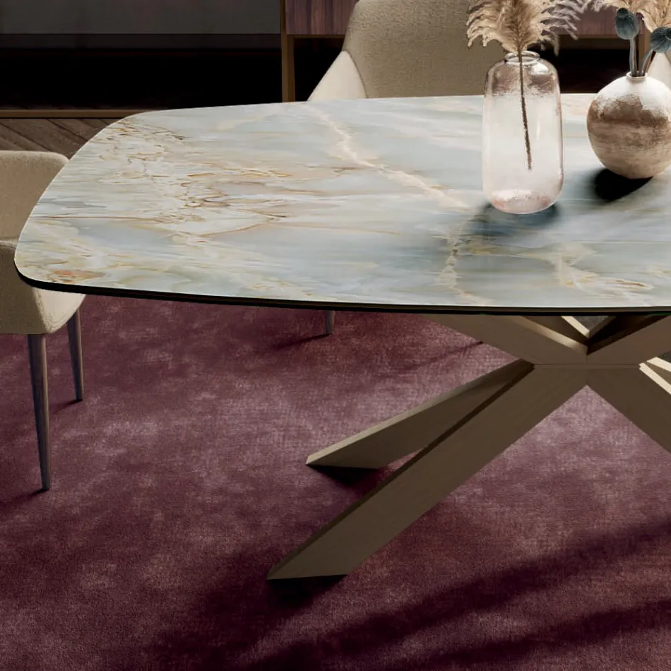 Table Fixe avec Plateau en Céramique Onyx Argent Poli Fabriquée en Italie - Grotta Viadurini