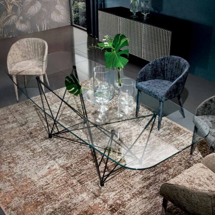 Table fixe avec plateau en verre en forme de tonneau et base en acier fabriquée en Italie - Ezzellino Viadurini