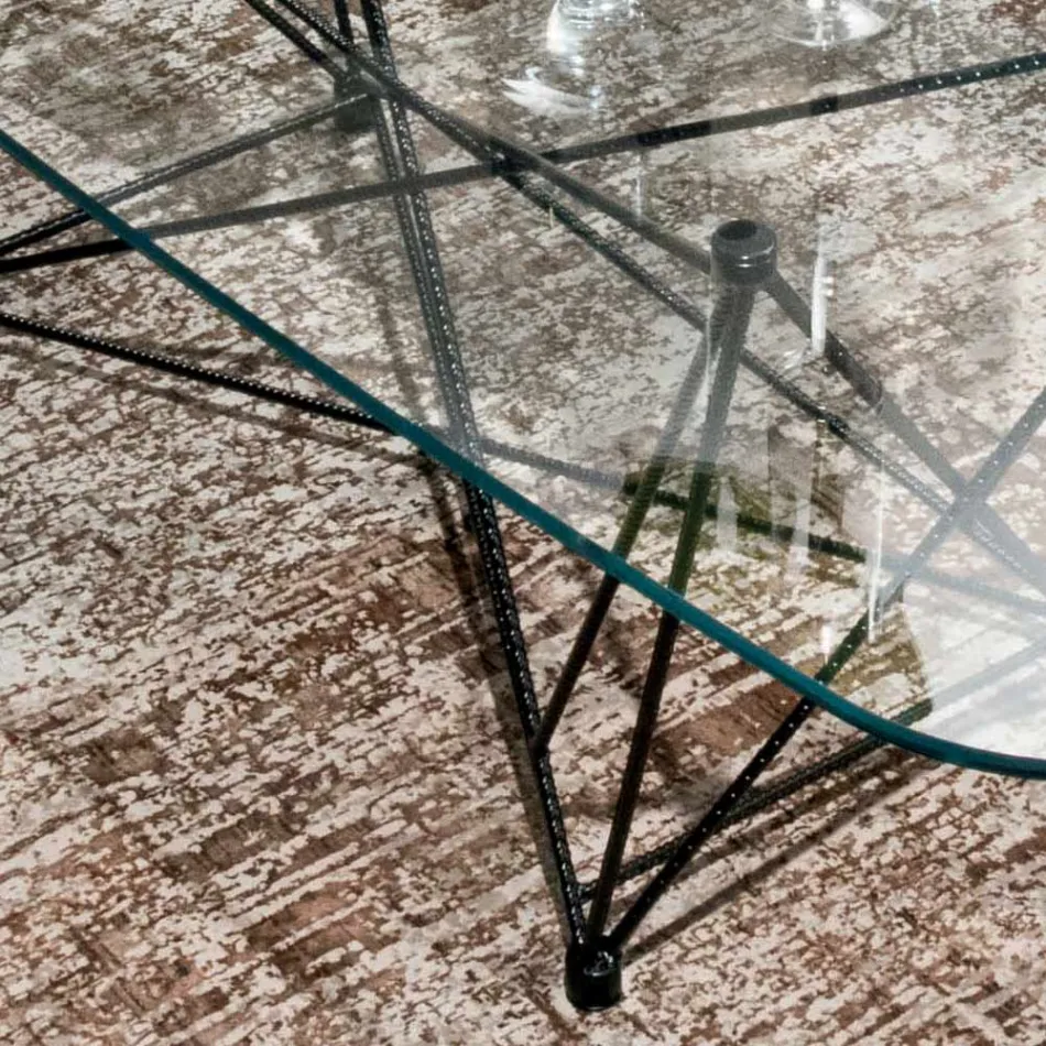 Table fixe avec plateau en verre en forme de tonneau et base en acier fabriquée en Italie - Ezzellino Viadurini